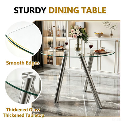 Table de salle à manger 35 pouces en verre trempé avec pieds robustes en métal