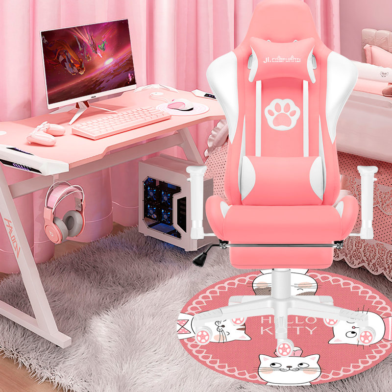 JL Comfurni JD-S0 Adjustable Reclining Ergonomic Faux Leather Swiveling PC & Racing Game Chair with Footrest, White/Pink