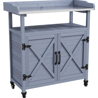 Banc de rempotage extérieur, table de rempotage en bois avec armoire de rangement, plateau de table en aluminium, roues en caoutchouc pour la cour arrière, patio, balcon, gris