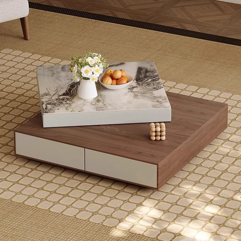 Table basse carrée en noyer et placage de marbre