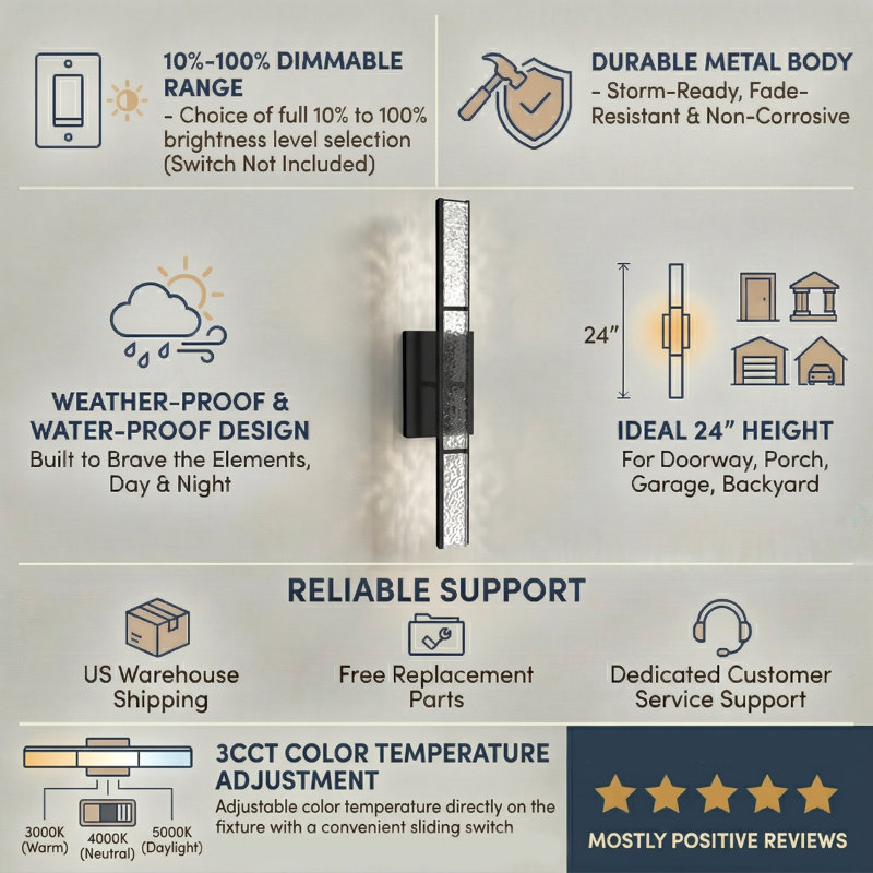 24''H Dimmable LED Chrome Iron 3CCT Adjustable Outdoor Wall Light with Water Glass, Mirror Chrome