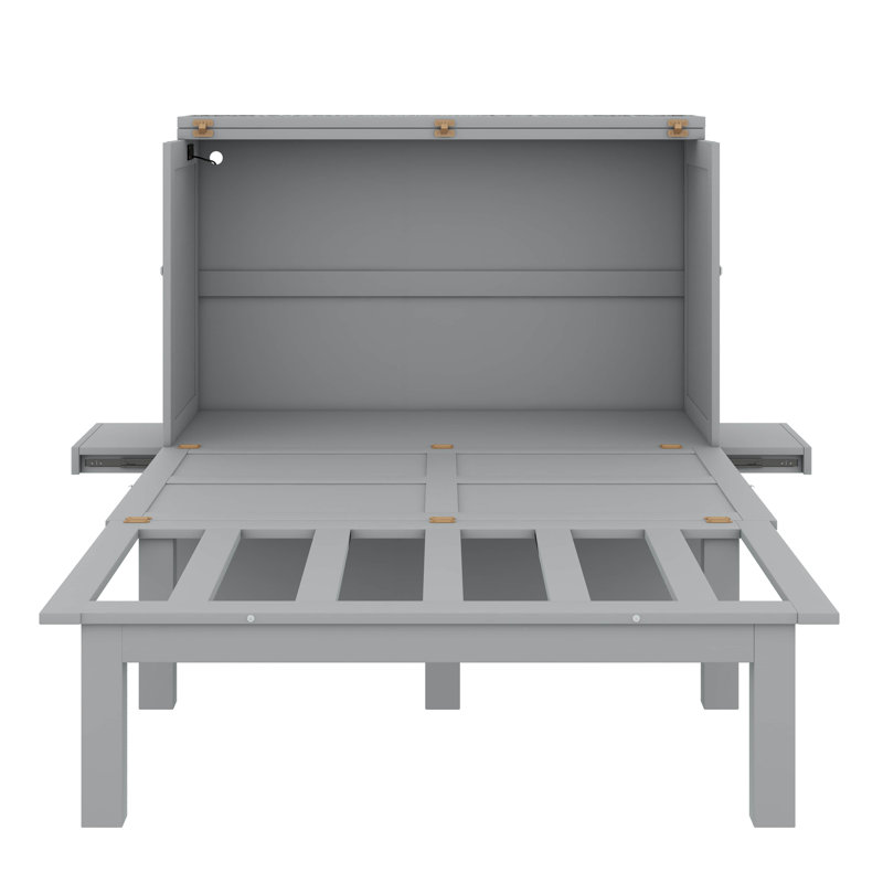 Lit escamotable double spacieux avec port USB et tablettes latérales amovibles, Gris, Lit double
