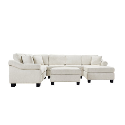 White U - Shaped 111.8" Chenille Sectional For Primary Living Space With Movable Storage , 6 Seats, Rolled Arms And Cushion Like Seat Area, Comfortable Back