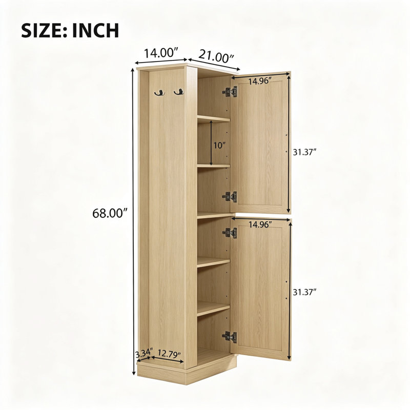 Grande armoire de rangement pour salle de bain avec tablettes réglables et crochet latéral, tour à linge autoportante avec portes doubles, rangement en panneau de fibres à densité moyenne pour salle de bain