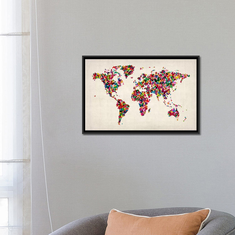 « papillons world map ii », impression sur toile, H 18 po x l 26 po x P 1,5 po, Toile avec cadre flottant noir, Pas de tapis
