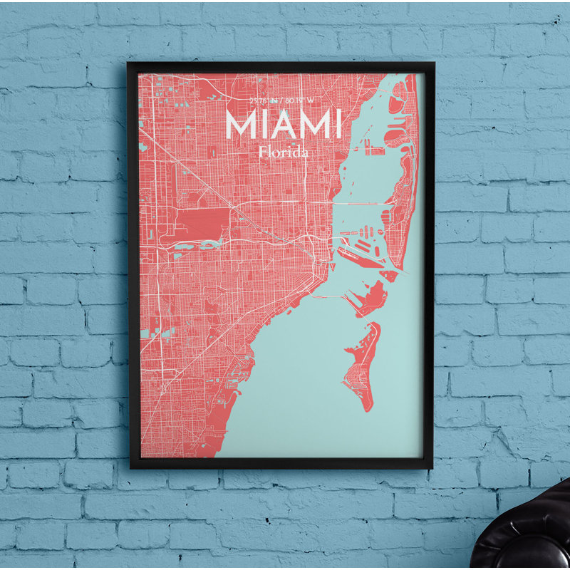 Miami City Map - impression d'art graphique, H 17 po x l 11 po x P 0,05 po