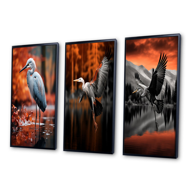 «Heron Graceful Waters», 3 pièces sur toile, H 40 po x l 60 po, Cadre noir