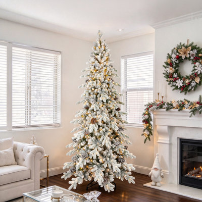 Pre-Lit Flocked Blue Spruce Artificial Christmas Tree, PE/PVC Mixed Hinged Branches