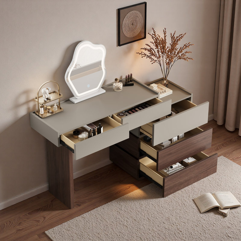Bureau de coiffeuse moderne à deux tons avec 5 tiroirs de différentes tailles, commode à poignées cachées