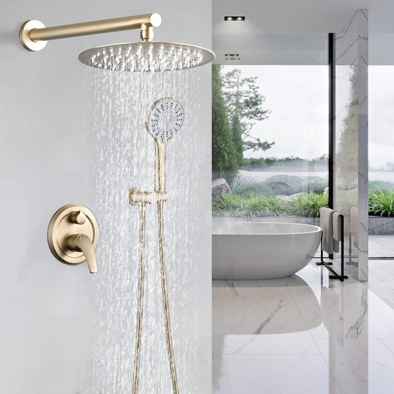 Douche 10 pouces avec pomme de pluie haute et main 5, fixation murale, acier inoxydable doré brossé et 5 mains, acier doré brossé