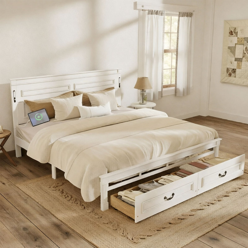 Très grand lit de ferme avec tête de lit à panneau haut, tiroirs de pied de lit, éclairage à DEL et charge USB, Blanc