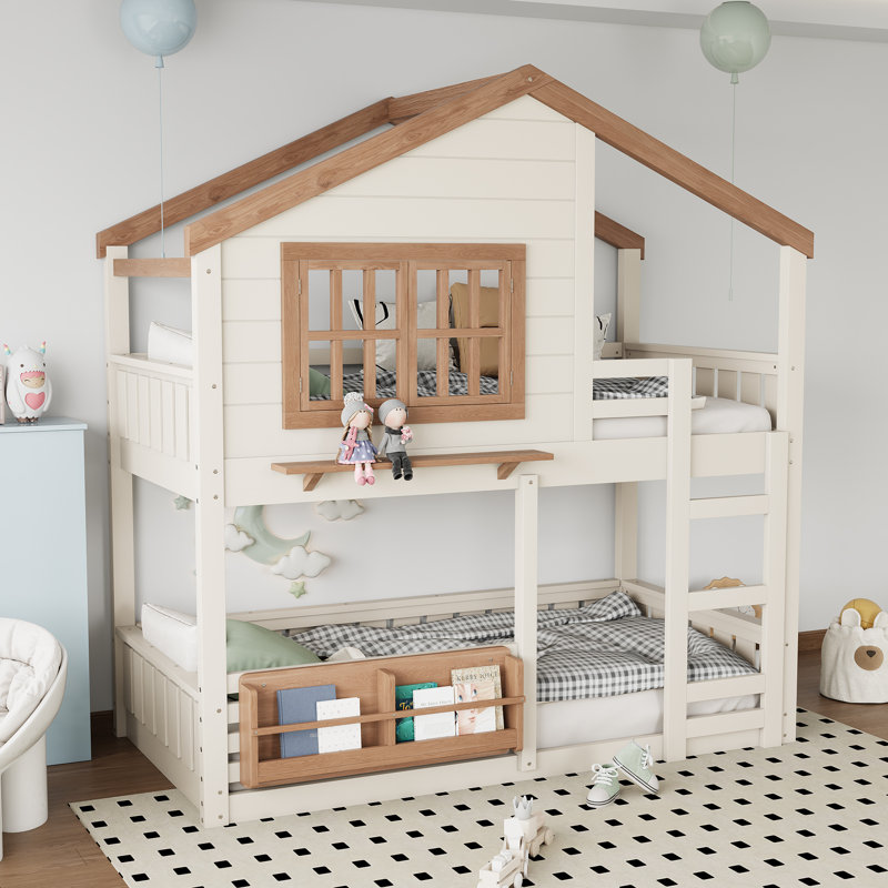 Twin SizeHouse Bunk Bed with Bookshelf, Safety Rails, Cabin Design, Kids Loft Bed, Space-Saving, Sturdy Pine Wood,Beige & Natural
