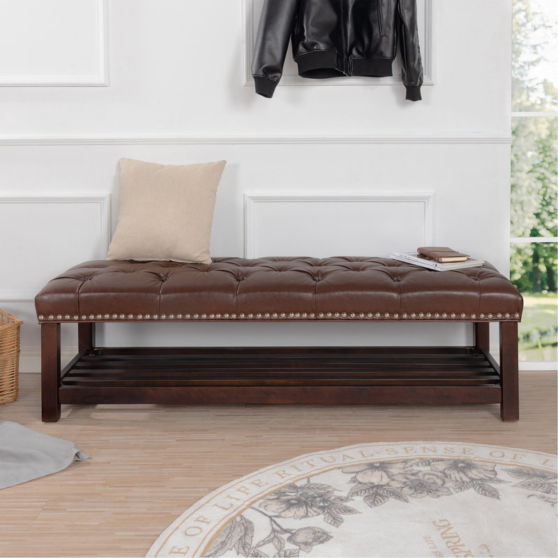 Étagère à chaussures 60 po brun foncé avec revêtement en cuir brun et cuir PU, structure en bois massif