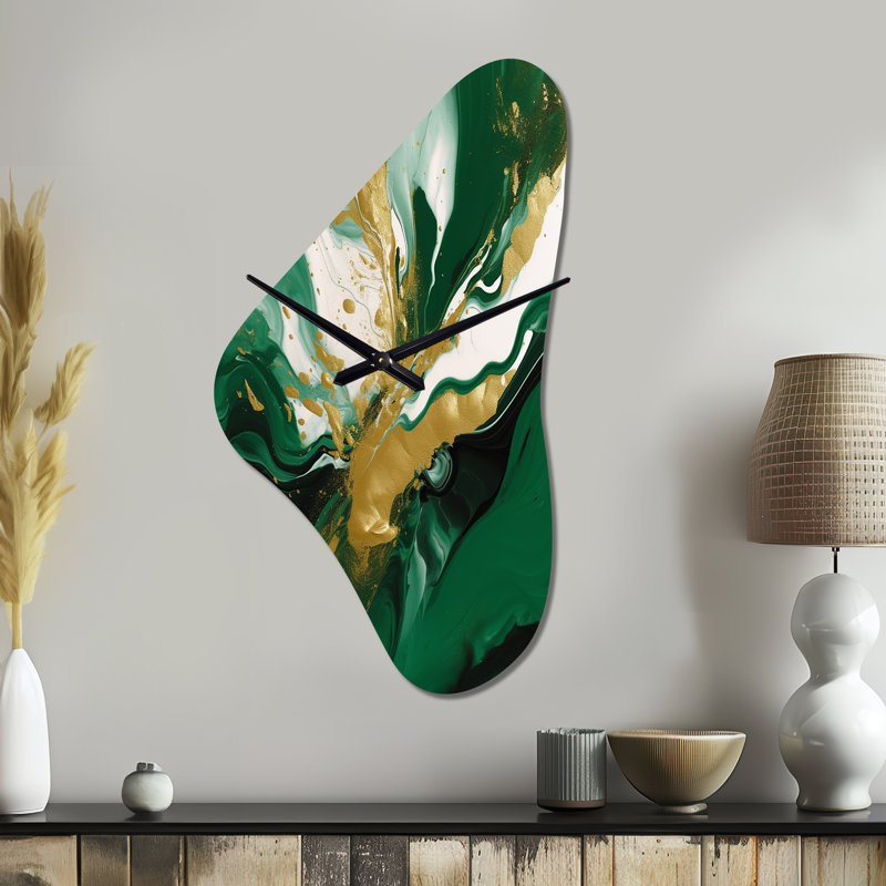 Vert et or liquide Magic II - forme irrégulière horloge en métal abstrait, impression d'horloge asymétrique en métal, Grand