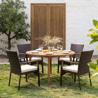 4 - Person Acacia Wicker Patio Dining Set with Round Table