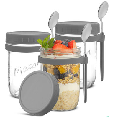 Brightware Dawn Overnight Oats Jars with Grey Lids and Spoons – 16 oz – Set of 3