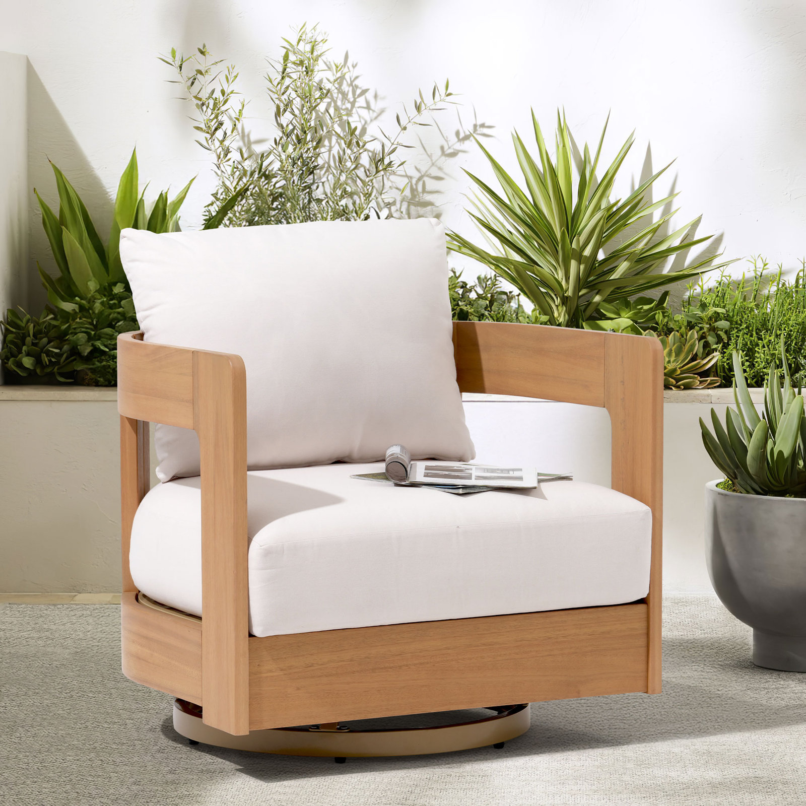 Frances Eucalyptus Outdoor Swivel Chair with Cushions, Beige