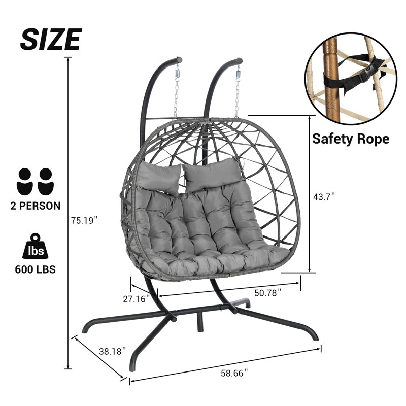 Chaise suspendue en rotin pour 2 personnes, Gris foncé