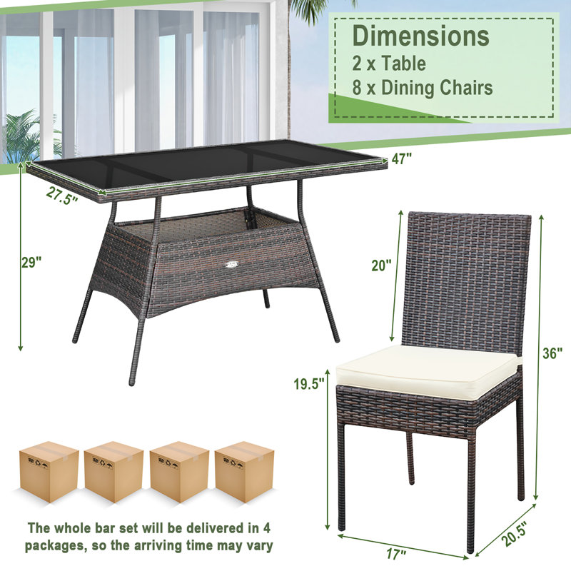Azaela 8 - Person Patio Dining Set with Rectangular Table , Cushions Included, Brown
