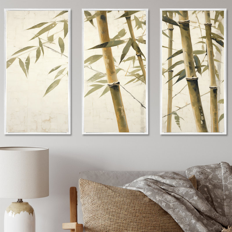 Beige minimalisme bambou sérénité II - ensemble d'art sur toile en bambou, H 40 po x l 60 po x P 1 po, Cadre flottant blanc