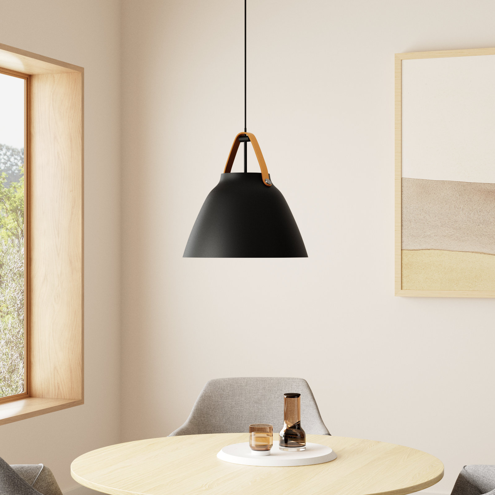 Gianni 1 - Light Single Dome Pendant, Tan Leather/Black, 17.75" H x 19" W x 19" D