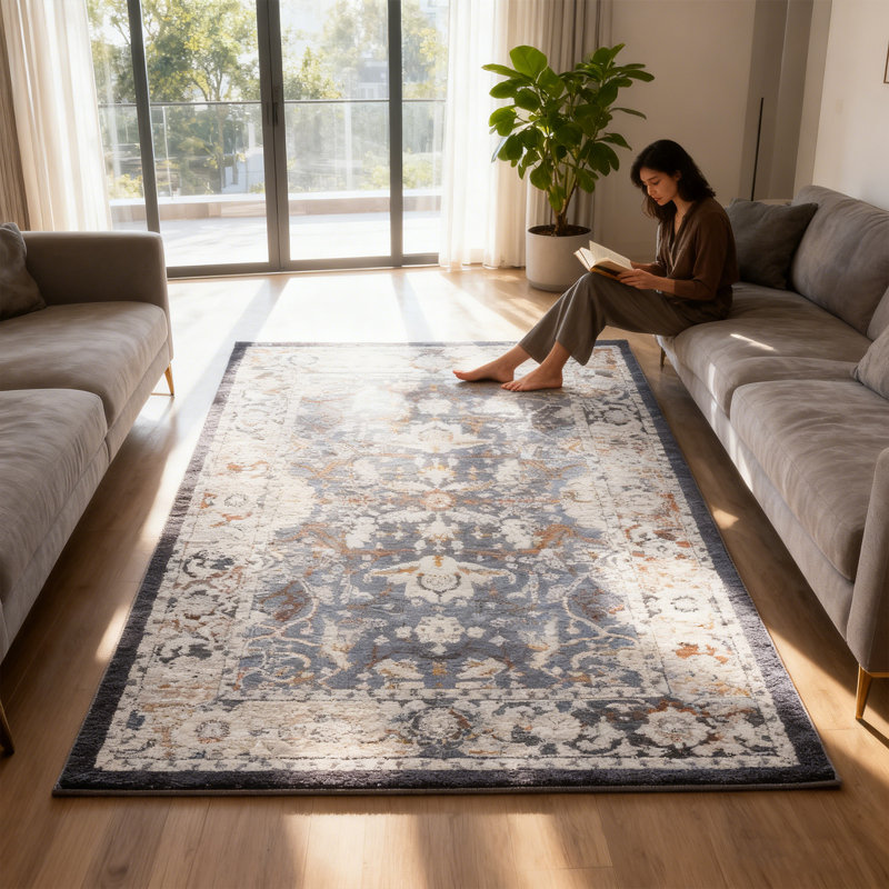 Machine Washable Vintage Area Rugs for Indoor, Non-Slip Low Pile Farmhouse Rug, Easy Clean Living Room Bedroom Kitchen Carpet, 6'x9'