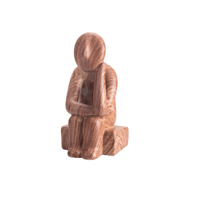 Resin Thinking Figure Sculpture, Faux Wood Grain Abstract Sitting Figurine for Shelf, Mantel & Entryway Décor