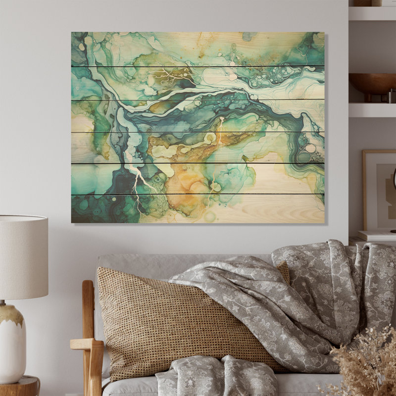«Dreamscape Lakes Rivers», encre liquide, art mural en bois sur bois de pin naturel, H 30 po x l 40 po