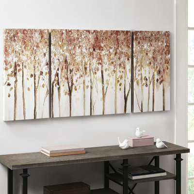 Art mural texturé - image de forêt d'automne, pièce décorative pour la maison, peinte à la main texturée, 27 po x 27 po et 13,5 po x 27 po, rouge scintillant, toile 3 pièces, élément décoratif, suspension, chaleur