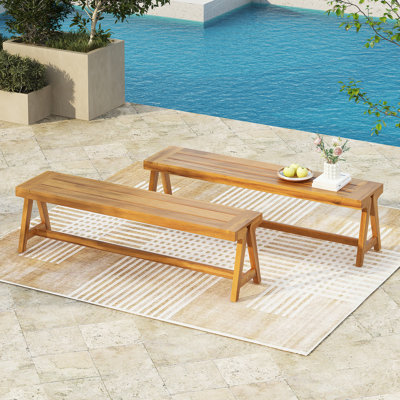 Outdoor Dining Benches (Set of 2), Contemporary Acacia Wood Patio Bench with Teak Finish - All-Weather Garden, Deck, Poolside Seating by Red Barrel Studio
