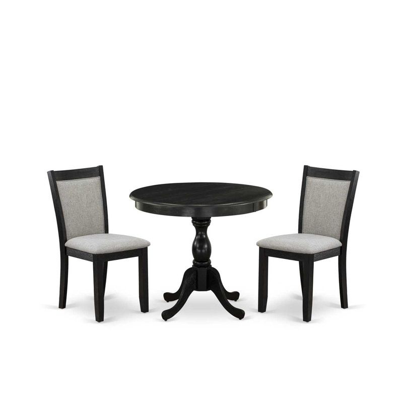 3 Piece Modern Dining Table Set Contains a Round Kitchen Table with Pedestal and 2 Shitake Linen Fabric Upholstered Chairs, Wirebrushed Black