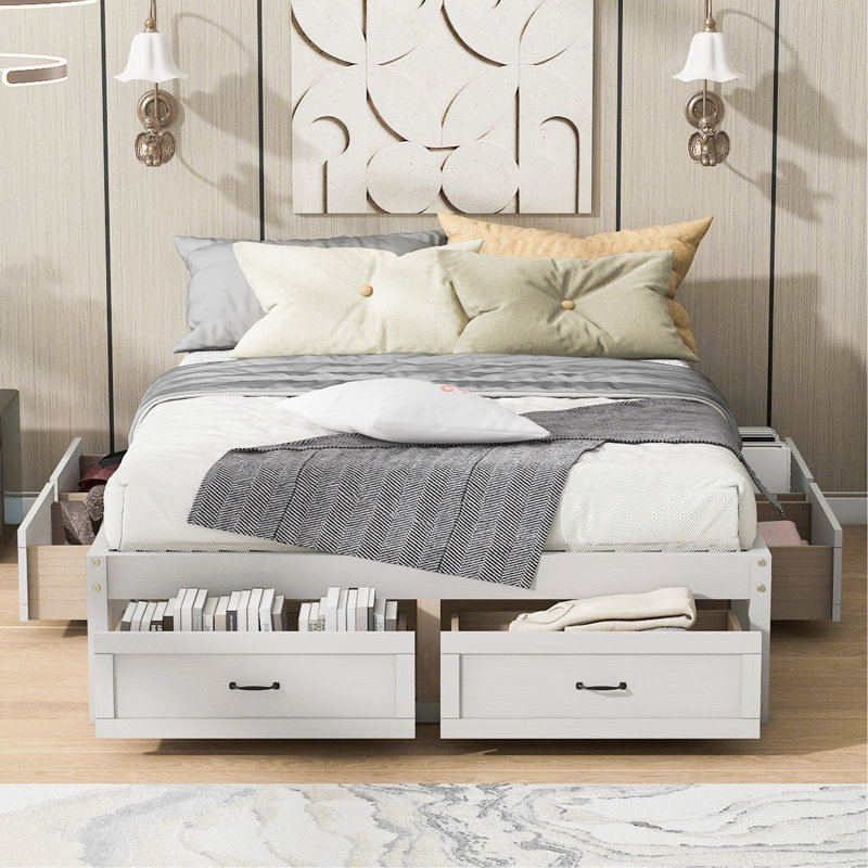 Grand lit plateforme avec 6 tiroirs de rangement, blanc antique, Blanc antique, Grand lit