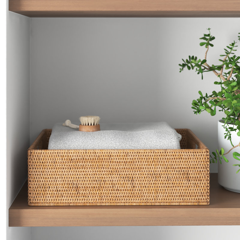 Rattan Rectangular Basket with Cutout Handles, 6" H x 20" W x 16" D, White Wash