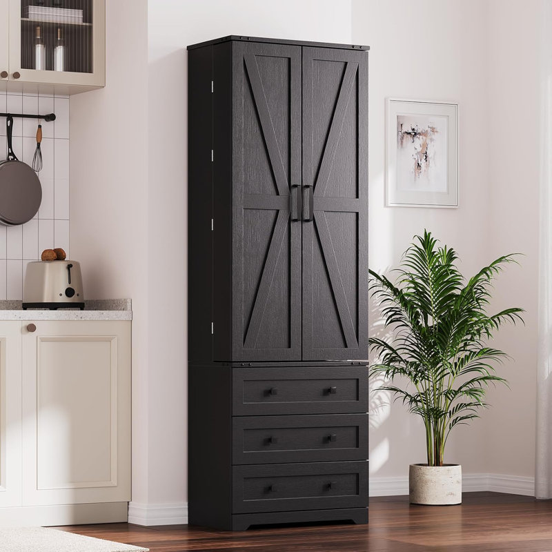 Grand garde-manger de style campagnard de 72 po avec 2 portes de grange et 3 tiroirs, tablettes de rangement réglables en bois pour la salle à manger, la salle de bain et le salon