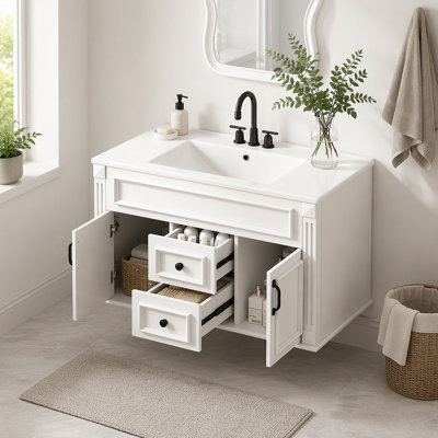 Meuble-lavabo mural 36 po avec lavabo et tiroirs en céramique, meuble-lavabo simple de style français avec charnières à fermeture douce