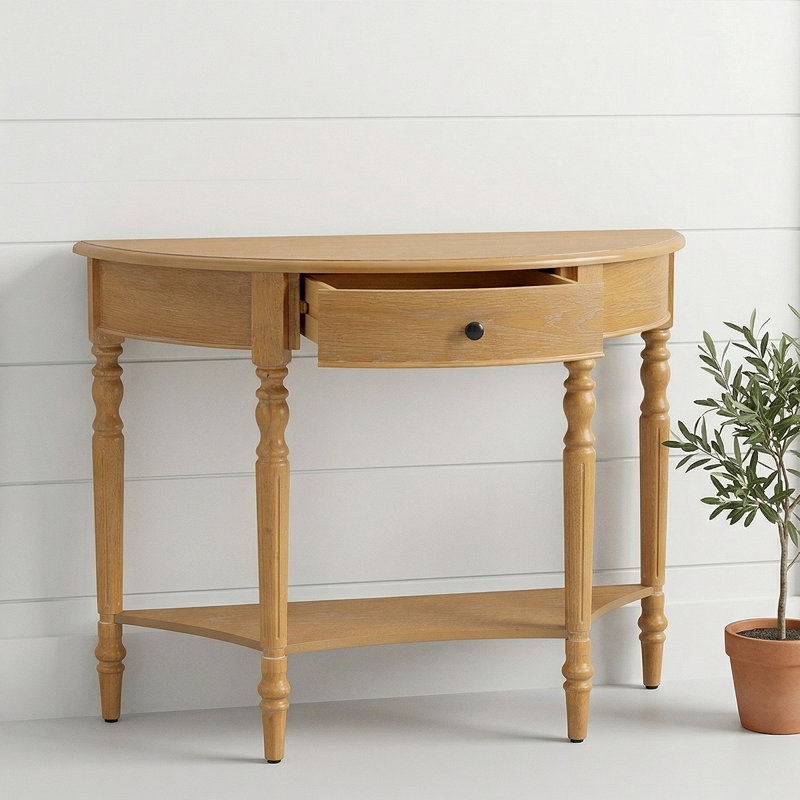 Table d'entrée en demi-lune rustique avec console et rangement pour couloirs étroits, Bois naturel