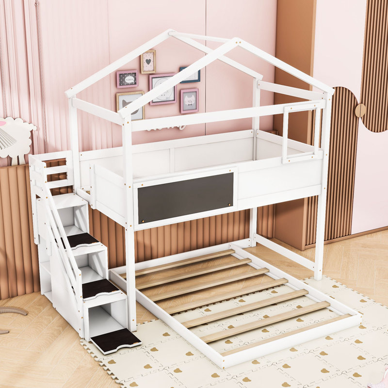 Twin Over Full L-Shaped House Bunk Bed With Storage Staircase And Blackboard, White