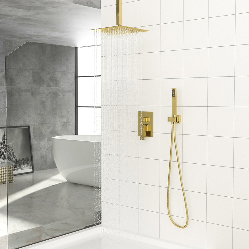 Pomme de douche double dorée - Plafonnier carré de 16 pouces avec système de boyau d'arrosage en mode pluie manuelle