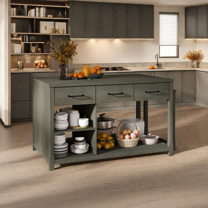 Extendable Kitchen Island With Storage, Multi-Functional Kitchen Cart With Built-In Power Outlets, Retro Kitchen Island On Wheels With Drawers And Open Shelves For Kitchen
