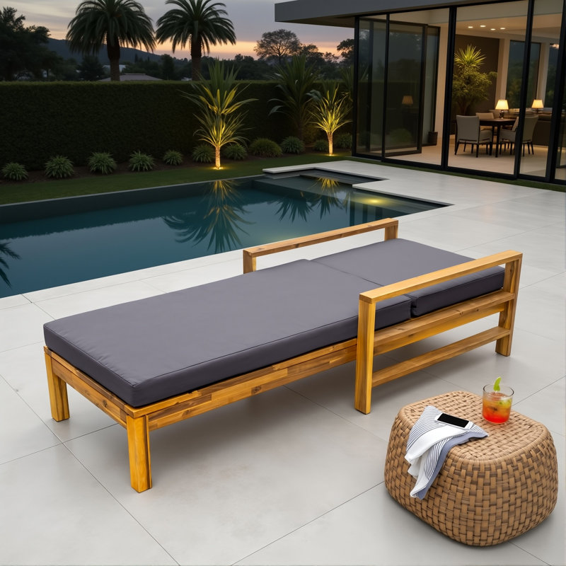 Chaise longue d'extérieur moderne en bois d'acacia avec dossier réglable et coussins profonds, chaise inclinable pour bronzer