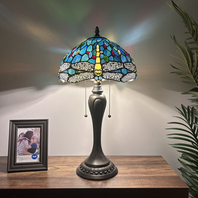 Lampe de table Vella Tiffany en verre coloré bleu vert avec ampoules DEL incluses 22 'H * 12 "l