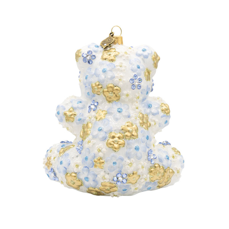 Ornement floral bleu en peluche, Blanc / or / bleu