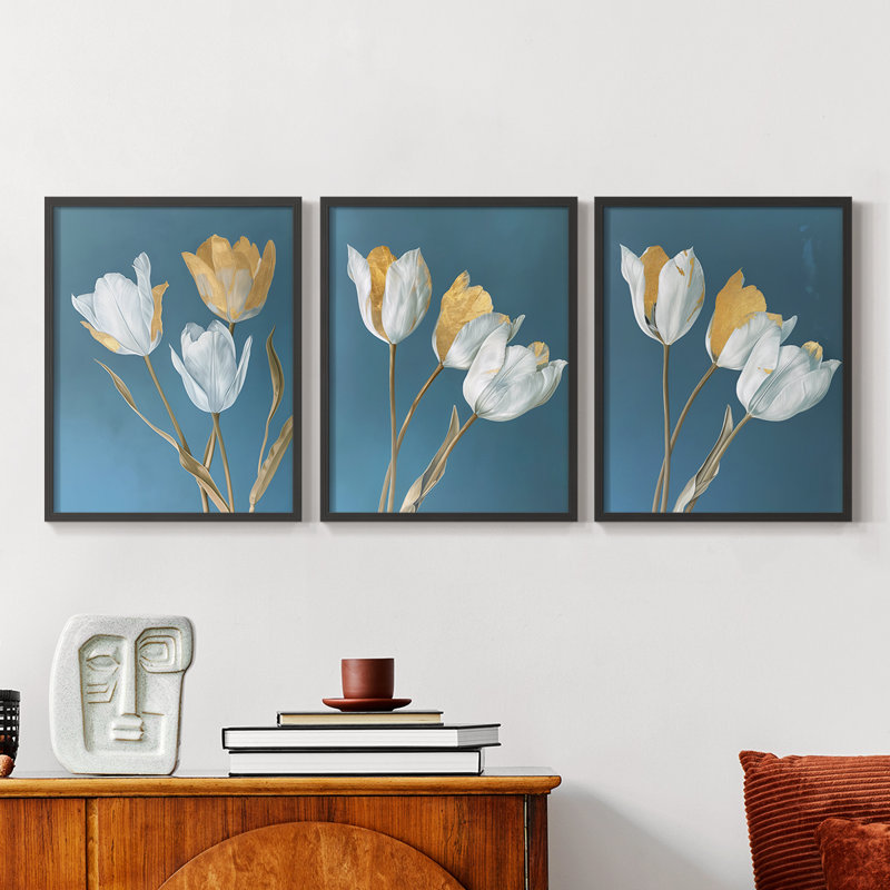 Étude florale série L - Ensemble de 3 estampes numériques encadrées - Prêt à être accroché, Cadre noir, H 20 po x l 16 po