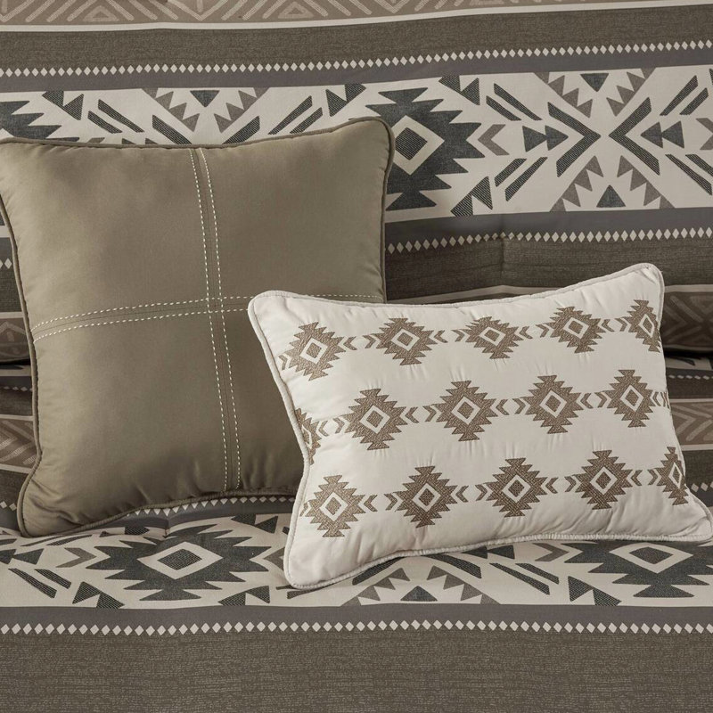 Full/Queen 5 Piece Stripe Herringbone Comforter With Brown Throw Pillows. Material, , Machine Washable And Spot Cleanable Fabric