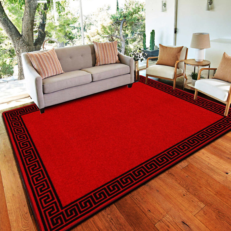 Plain Rug with Greek key Bordered Gel backed Rug Alyne Red/Black Rug, Rectangle 160 x 230cm