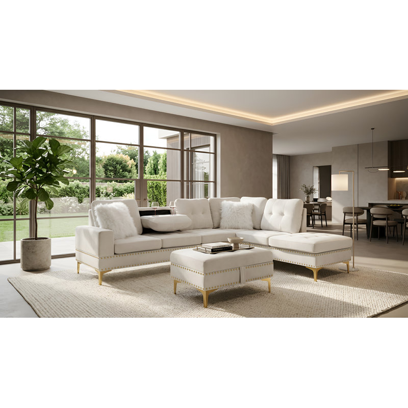Canapé modulaire rembourré en L avec table cachée, Beige, Non