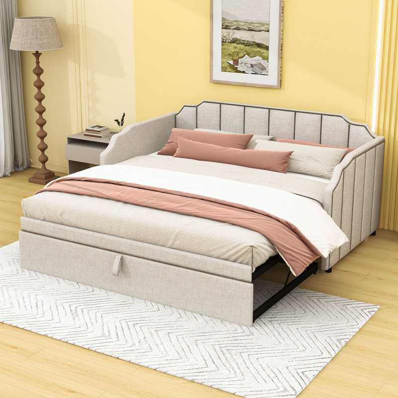 CanapÃ©-lit double rembourrÃ© avec lit gigogne double escamotable et ports USB, Beige