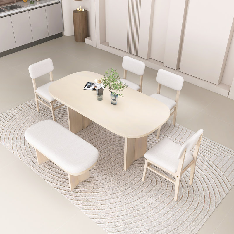 Ensemble de table de salle à manger 6 pièces en bois massif avec 4 chaises rembourrées et 1 banc, tissu respirant, facile à assembler