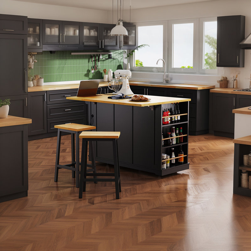 Grand îlot de cuisine avec 2 tabourets de bar, prise de courant, Noir, H 36,4 po x l 53,14 po x P 29,52 po