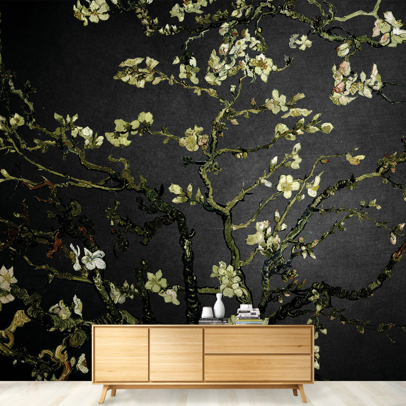 Amandier en fleurs Vincent Van Gogh, murale florale, papier contact amovible vintage Boho, 144" W x 100" L, Gris foncé